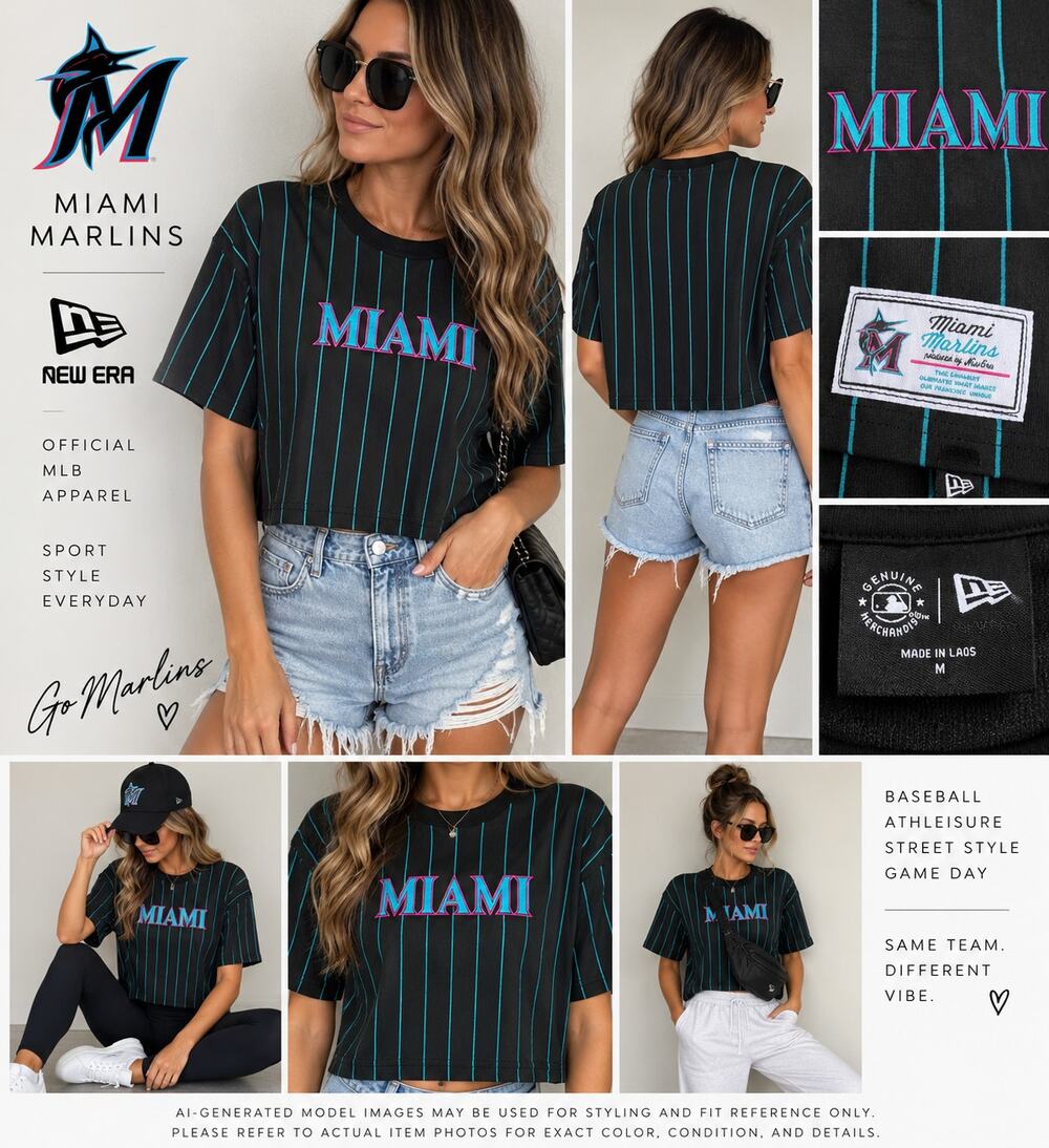 New Era Miami Marlins Pinstripe Crop Tee Black Teal Pink Size M NWT MLB